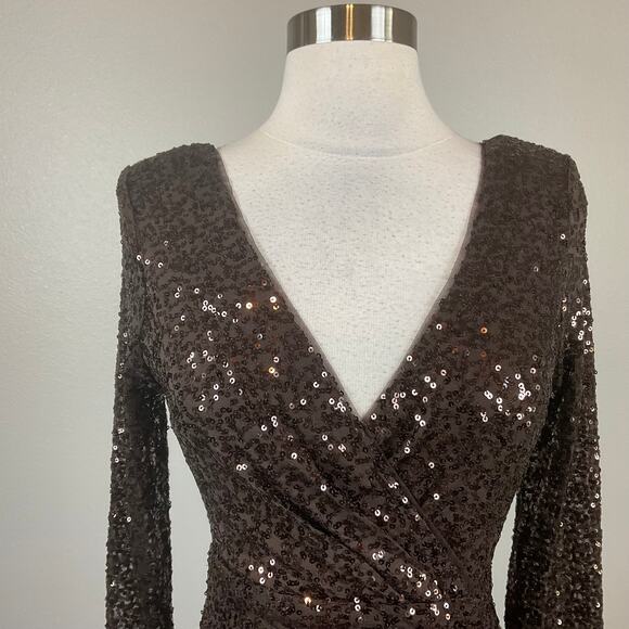 Betsy & Adam Long Sleeve Sequined Mini Sheath Party Cocktail Dress Brown Size 6 - Picture 7 of 13